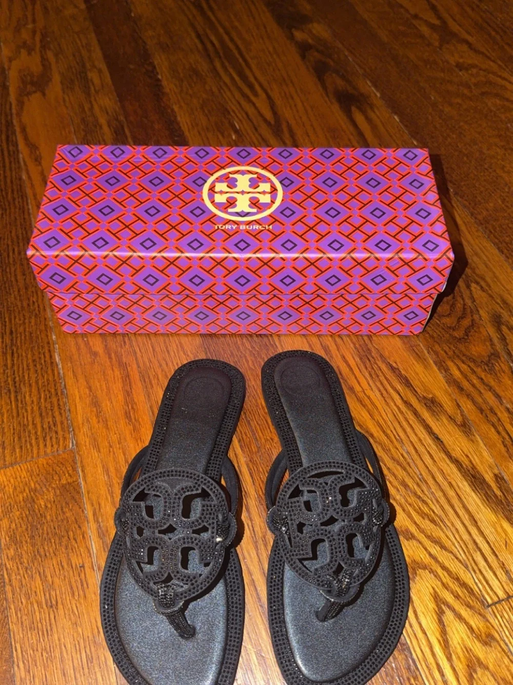 Tory Burch Black Miller Logo Thong Sandals with Cutout Medallion